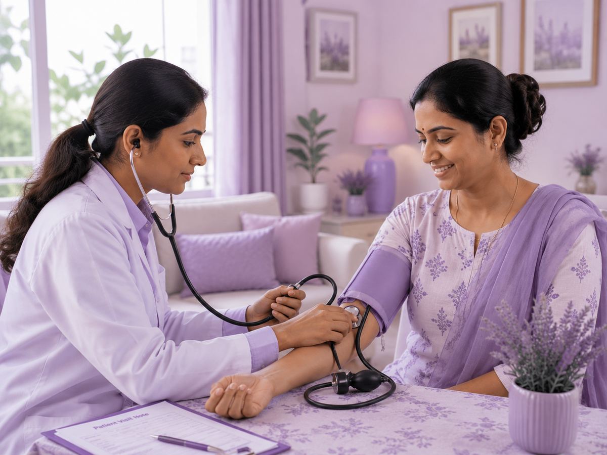 A LilacHealth doctor checking a patient's blood pressure at home
